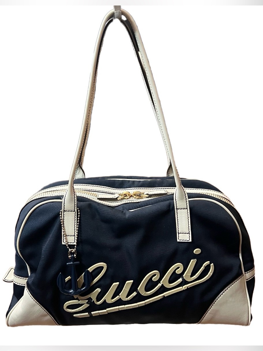 Gucci Navy Boulevard Boston Bag Vintage - Cracked Script Logo - Authentic